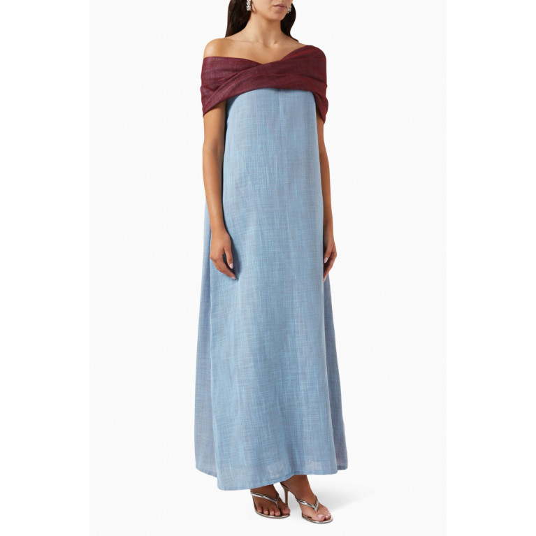 Roua AlMawally - Off-shoulder Dress in Linen Blue