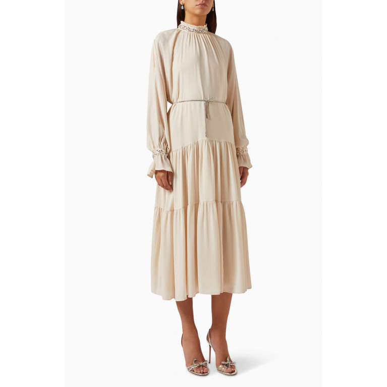 Qui Prive - Crystal-embellished Tiered Midi Dress Neutral