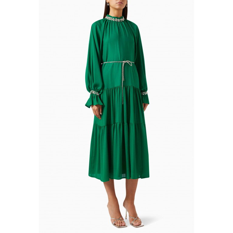 Qui Prive - Crystal-embellished Tiered Midi Dress Green