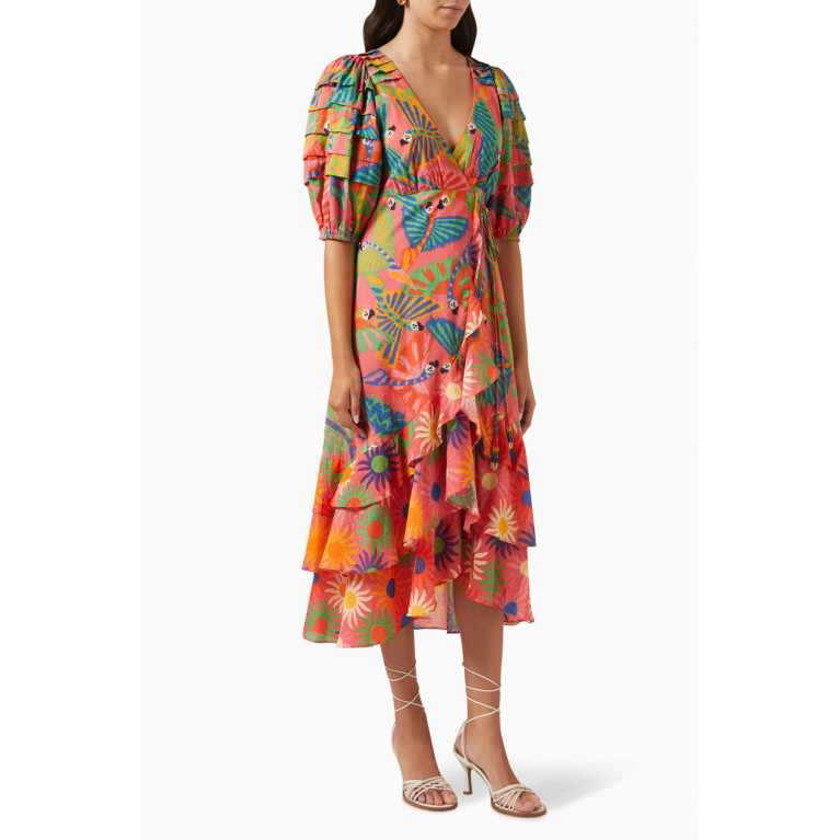 Farm Rio - Mixed Graphic Macaws-print Puff-sleeve Midi Dress in Cotton