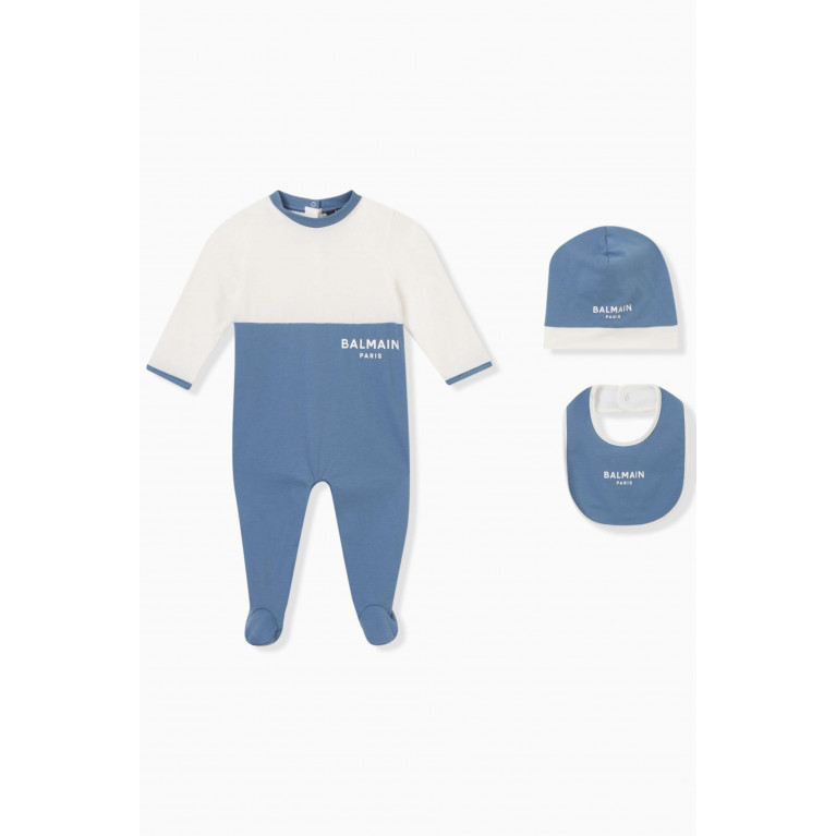 Balmain - Logo-print Sleepsuit Set in Cotton Blue