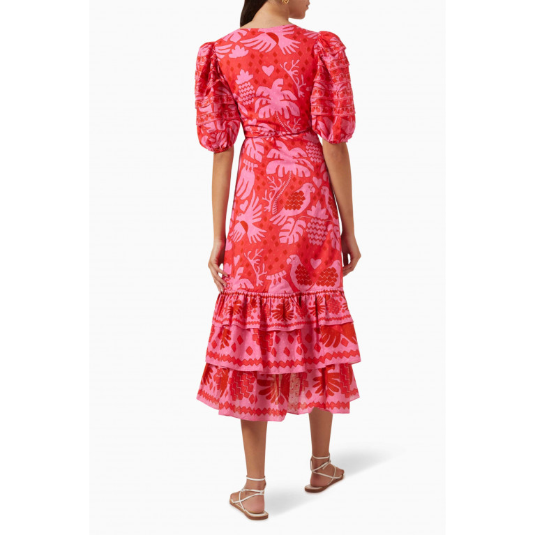Farm Rio - Jungle-print Puff-sleeve Midi Dress in Cotton
