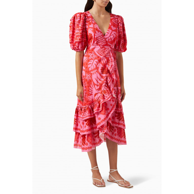 Farm Rio - Jungle-print Puff-sleeve Midi Dress in Cotton