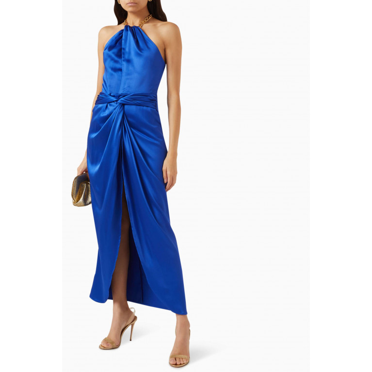 Elle Zeitoune - Kelsie Twist Midi Dress in Satin Blue