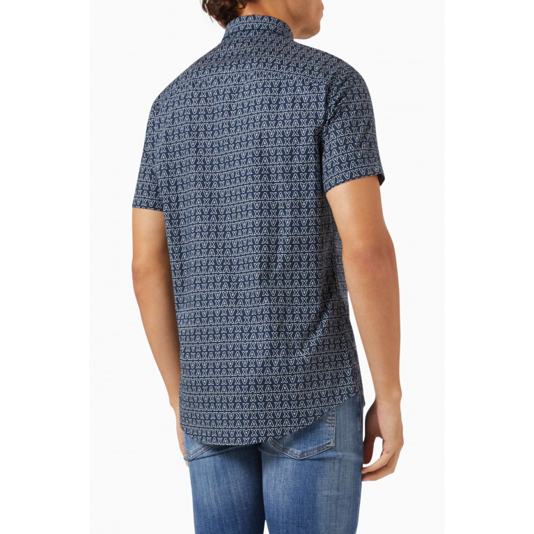 Armani Exchange - All-over Logo-print Shirt in Stretch Cotton-poplin Blue