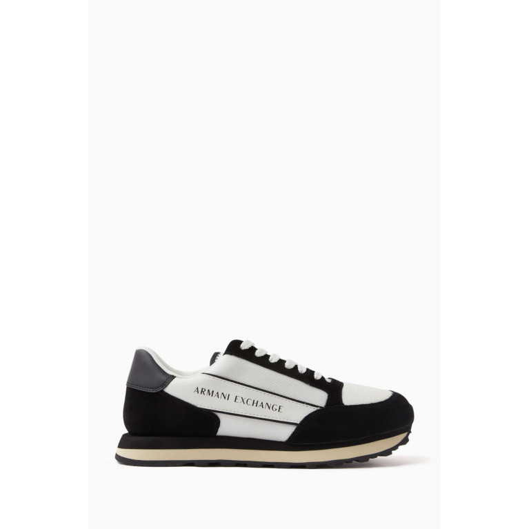 Armani Exchange - Panelled Logo Sneakers in Suede, Mesh & Bovine Leather White