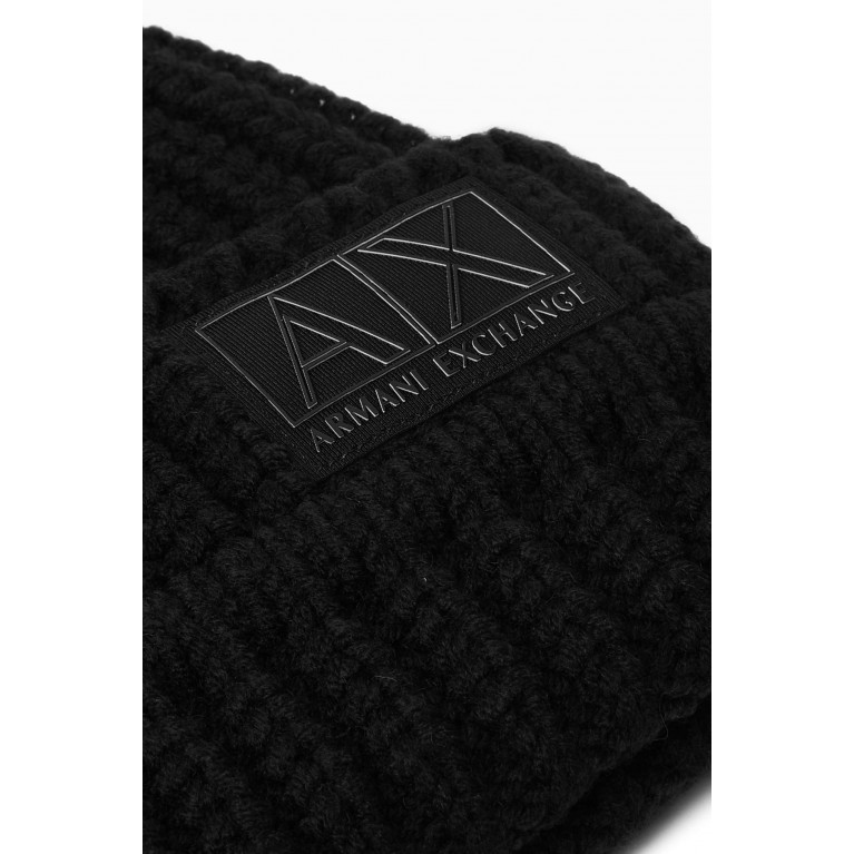 Armani Exchange - Logo Beanie in Wool Blend Rib-knit Black