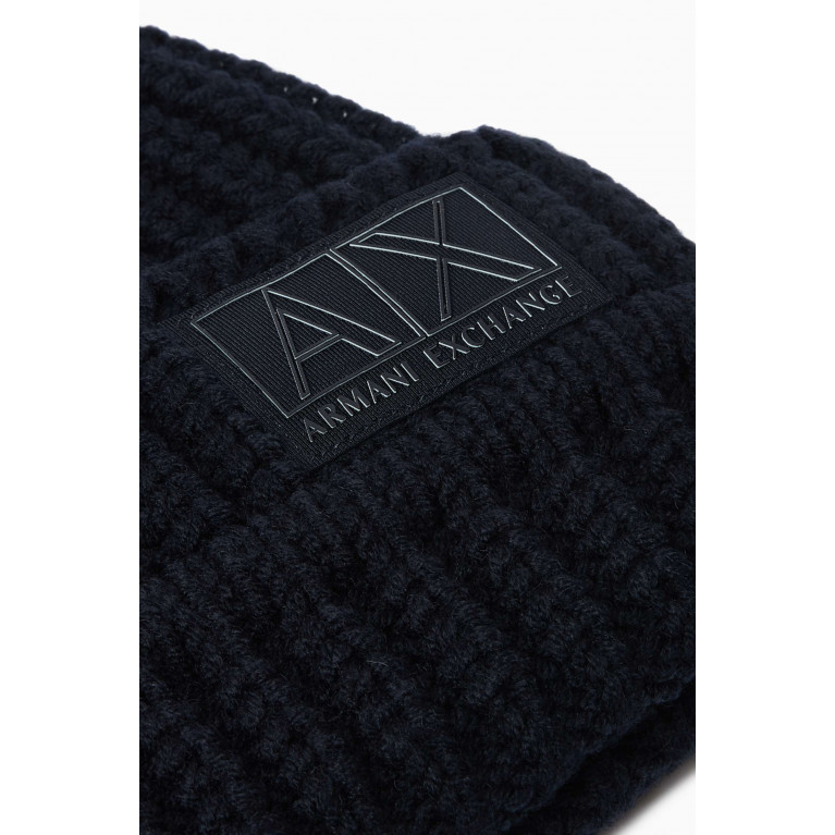 Armani Exchange - Logo Beanie in Wool Blend Rib-knit Blue
