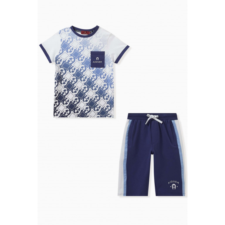 AIGNER - Two-tone Logo T-shirt & Shorts Set in Cotton Blue