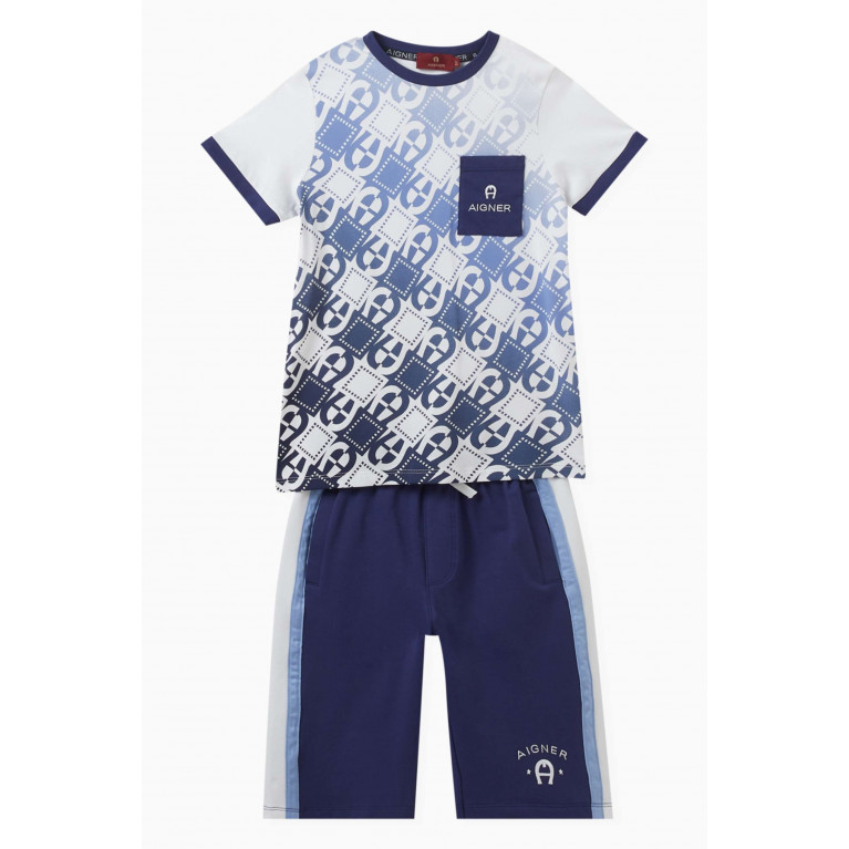 AIGNER - Two-tone Logo T-shirt & Shorts Set in Cotton Blue