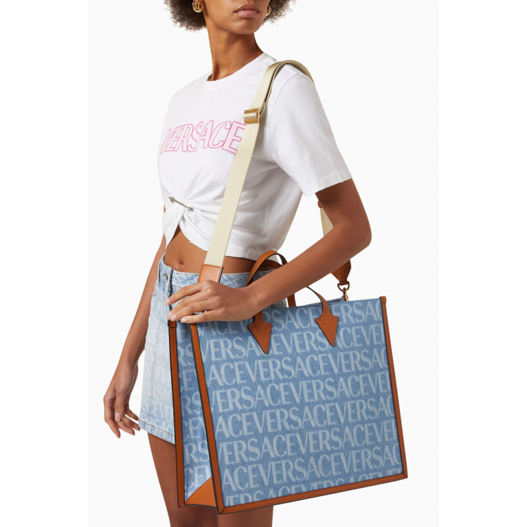 Versace - All-over Logo Tote Bag in Cotton Denim