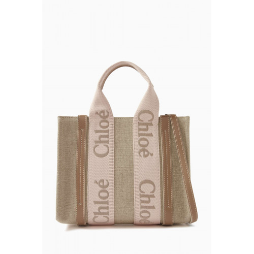 Chloé - Small Woody Embroidered Tote Bag in Linen Canvas Pink