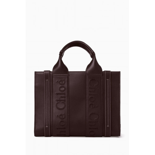 Chloé - Small Woody Embroidered Tote Bag in Calfskin Leather Burgundy
