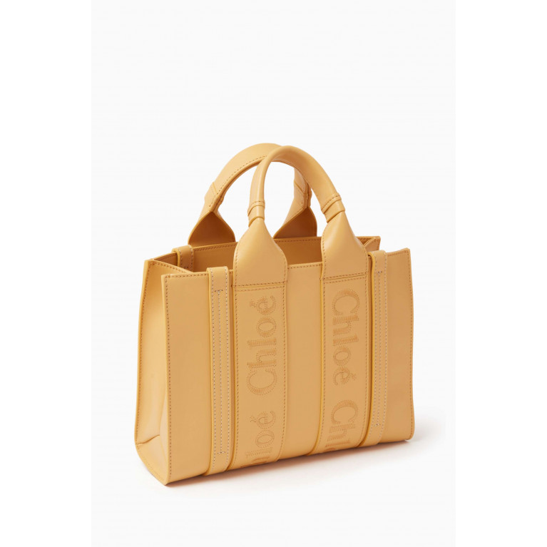 Chloé - Small Woody Embroidered Tote Bag in Calfskin Leather Orange
