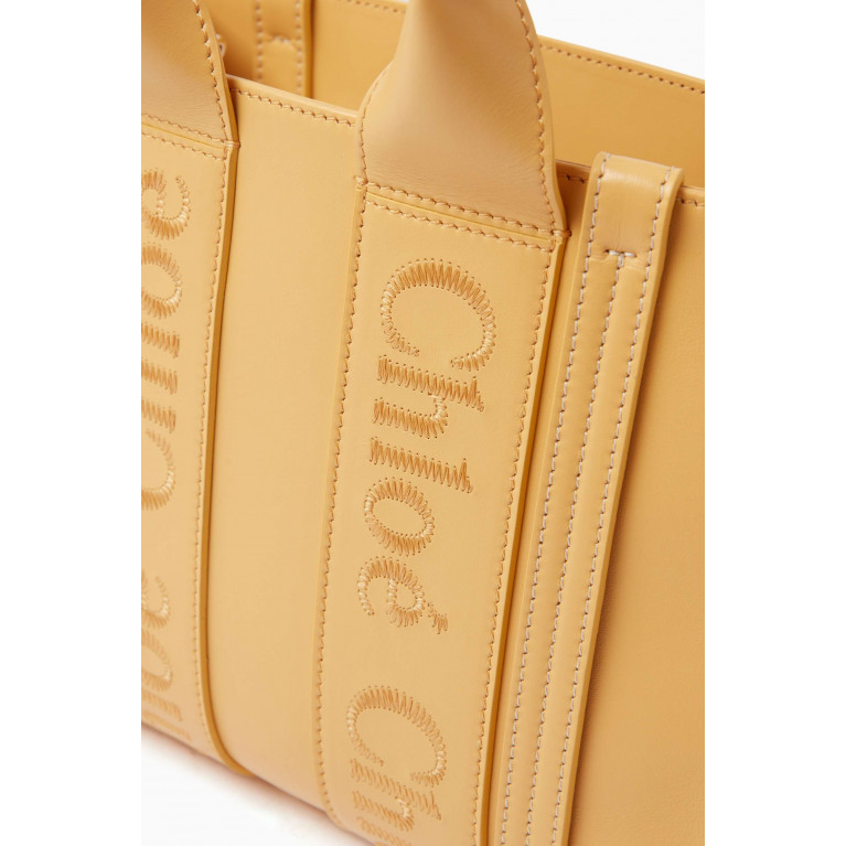 Chloé - Small Woody Embroidered Tote Bag in Calfskin Leather Orange