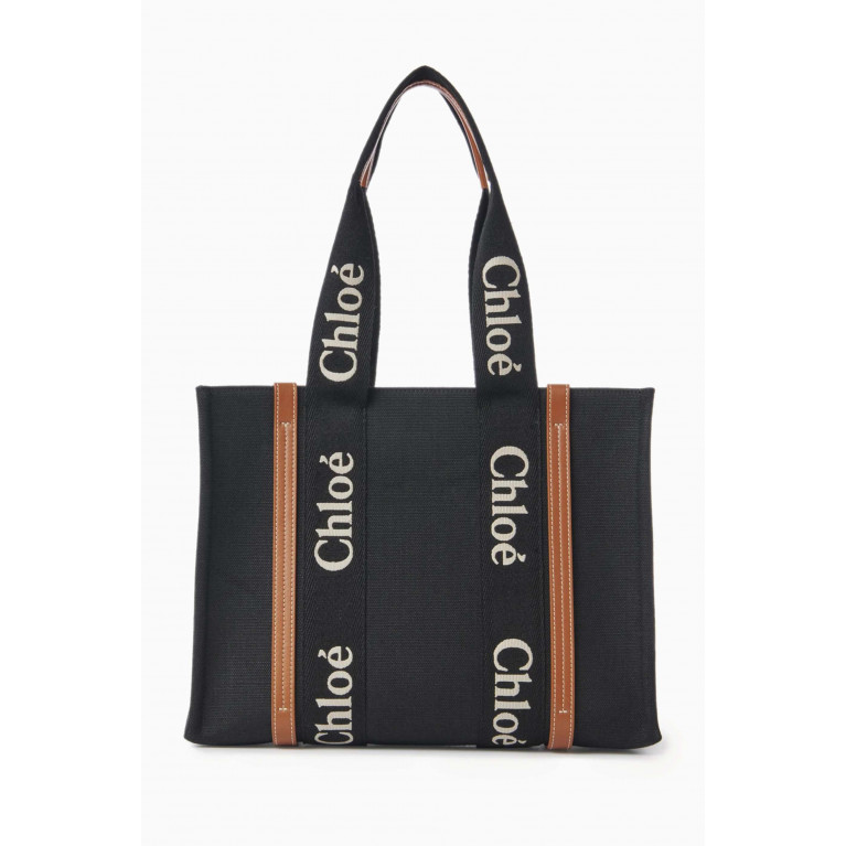 Chloé - Medium Woody Tote Bag in Linen Canvas Black