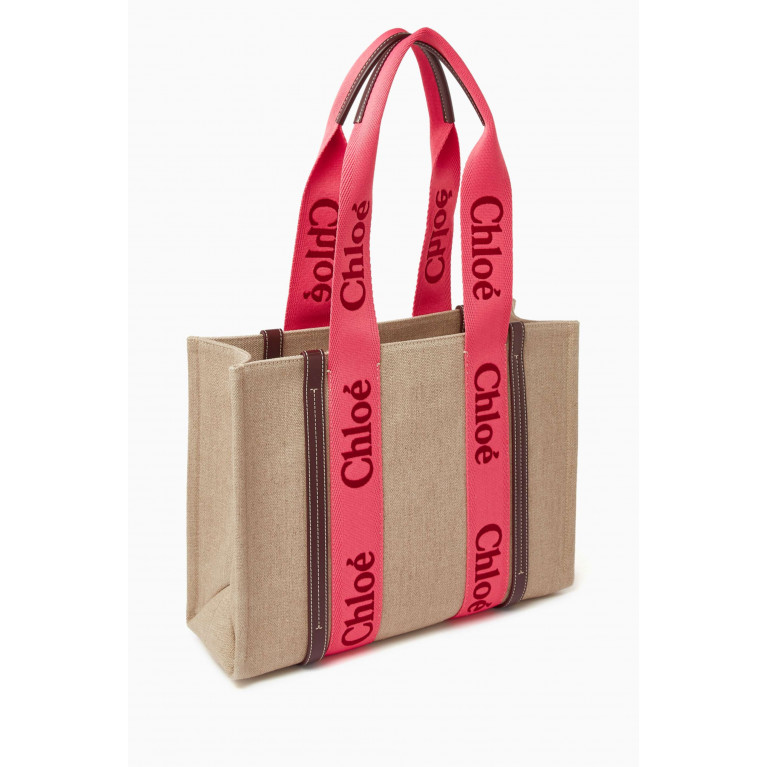 Chloé - Woody Medium Tote Bag in Linen Canvas Pink