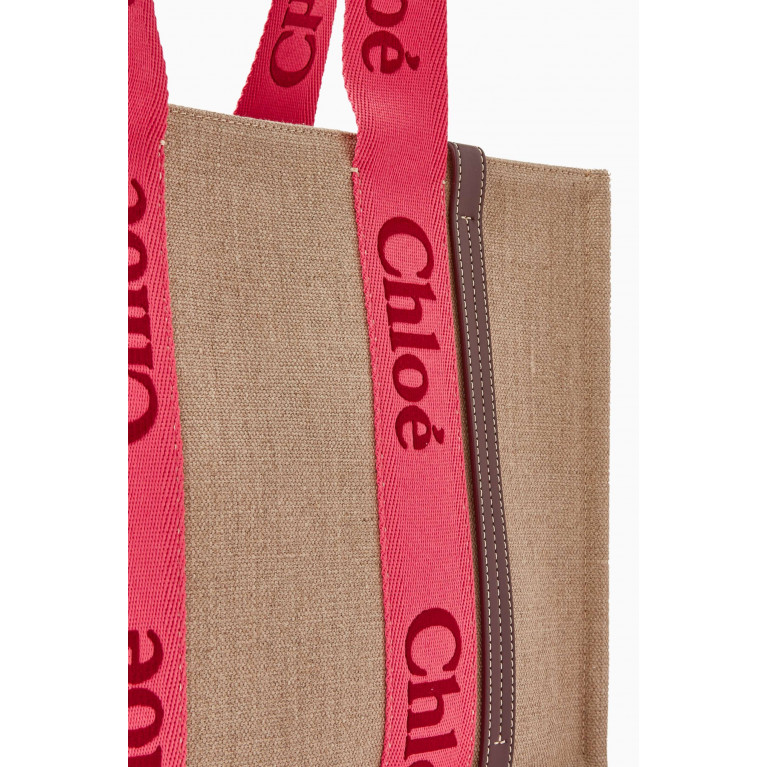 Chloé - Woody Medium Tote Bag in Linen Canvas Pink