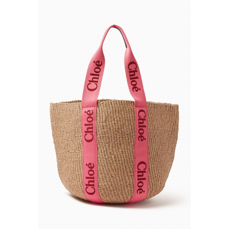 Chloé - Large Woody Tote Bag in Paper Raffia Pink