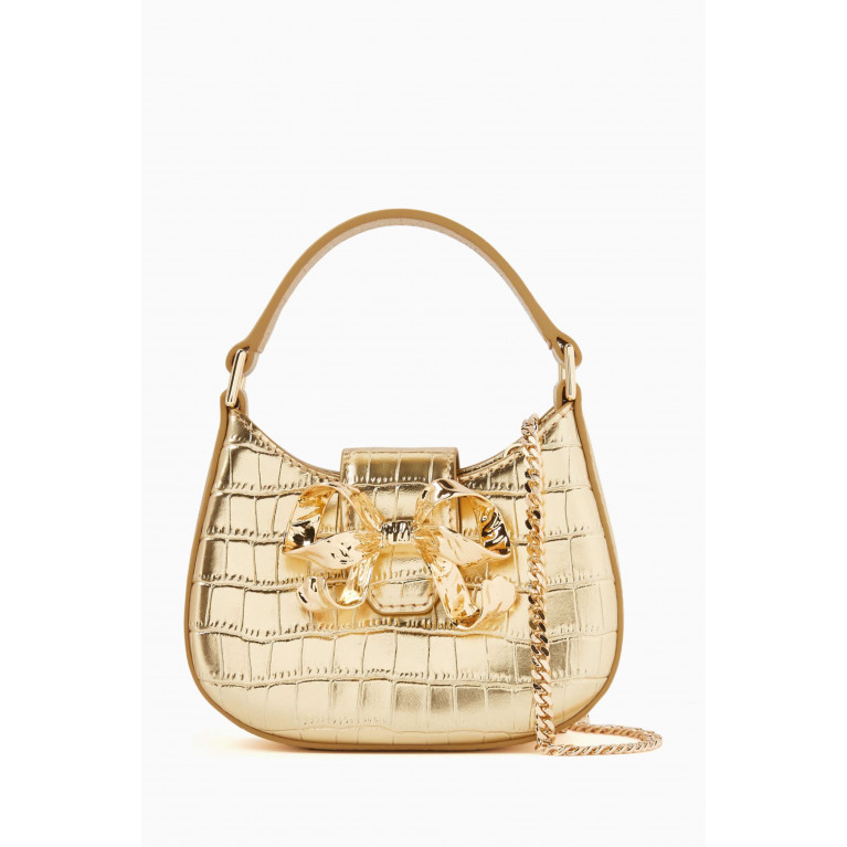 Self-Portrait - The Crescent Micro Bow Bag in Croc-embossed Metallic Leather
