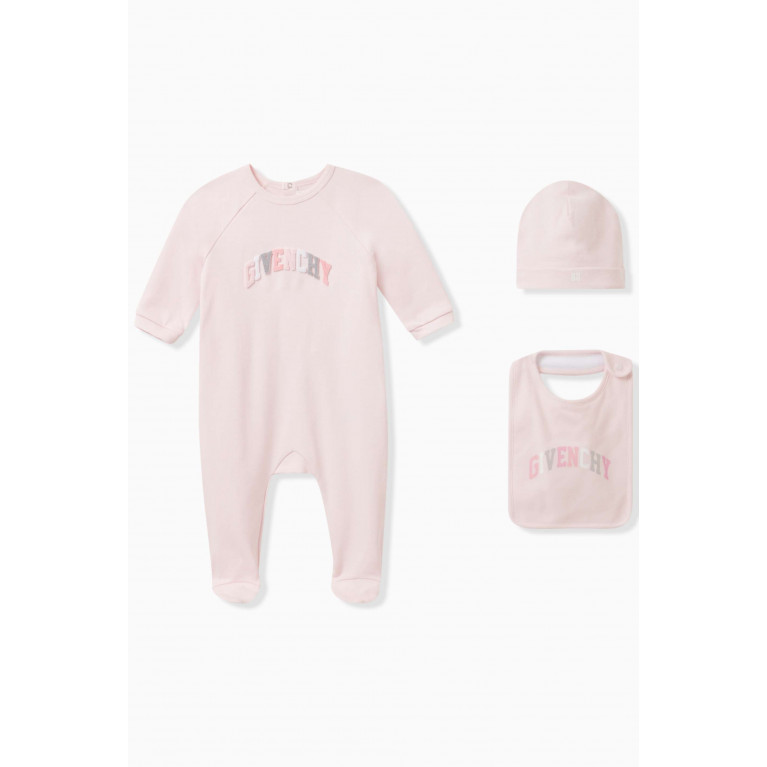 Givenchy - Logo Appliqué Hat, Bib and Sleepsuit Set in Cotton Pink