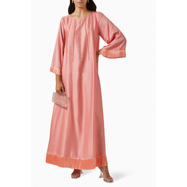 Eleganza Exclusive - Embellished Fringed Jalabiya in Silk-crepe Pink