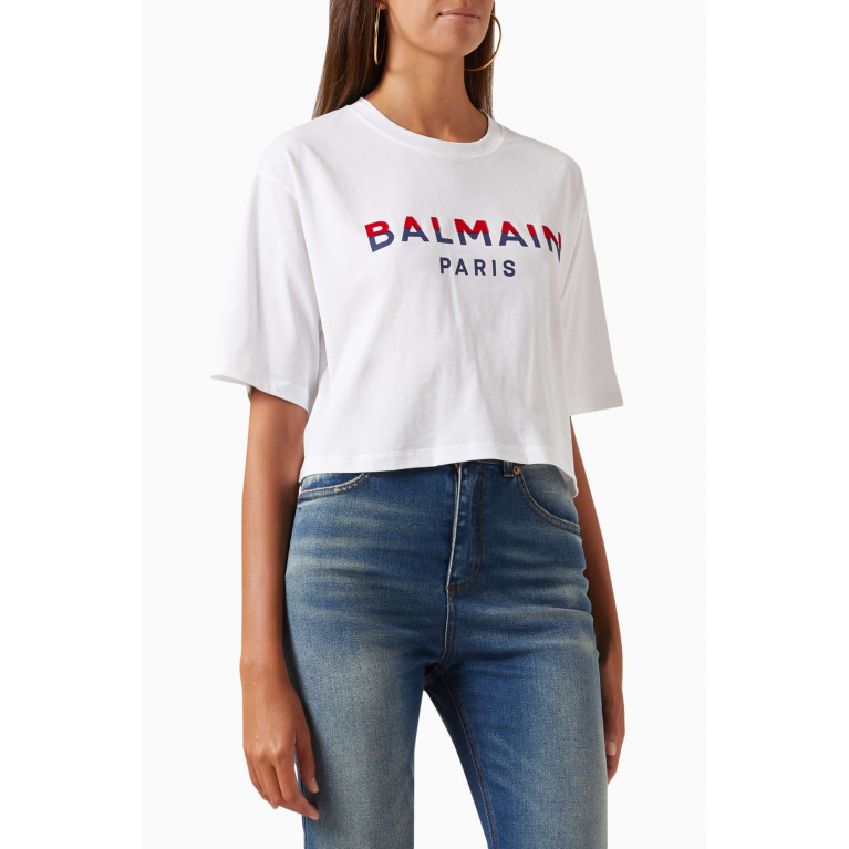 Balmain - Flocked Logo Crop T-shirt in Jersey