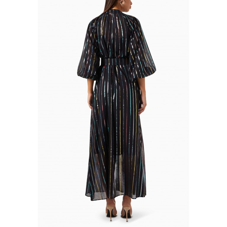Love by Aanchal - Metallic-stripe Belted Maxi Dress in Silk-linen Blend