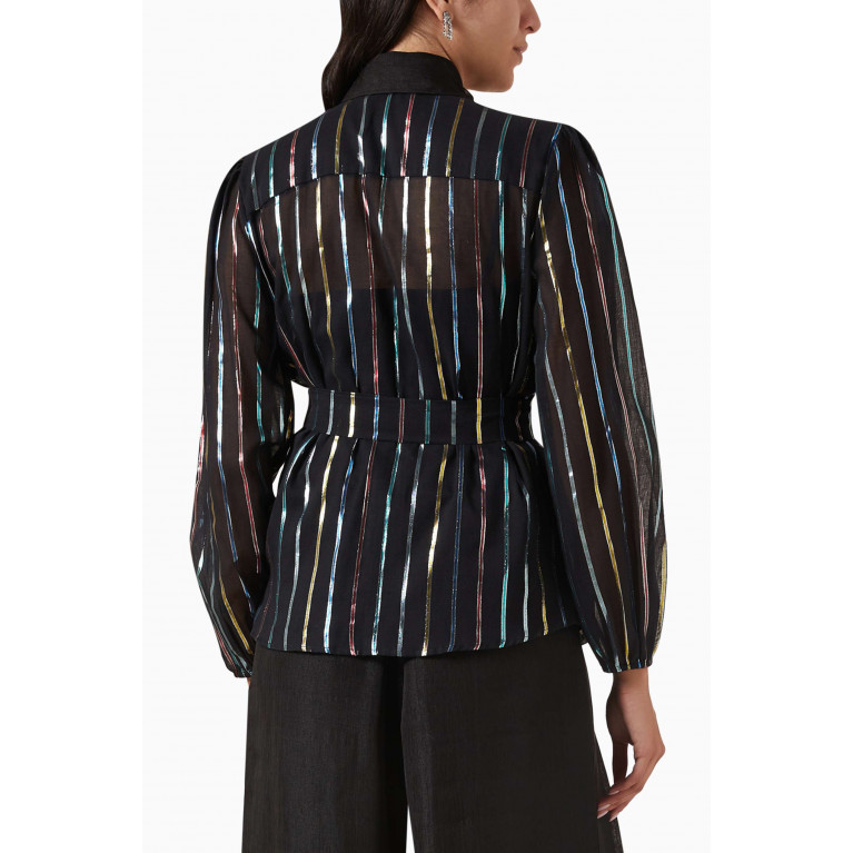 Love by Aanchal - Metallic-stripe Belted Shirt in Silk-linen Blend