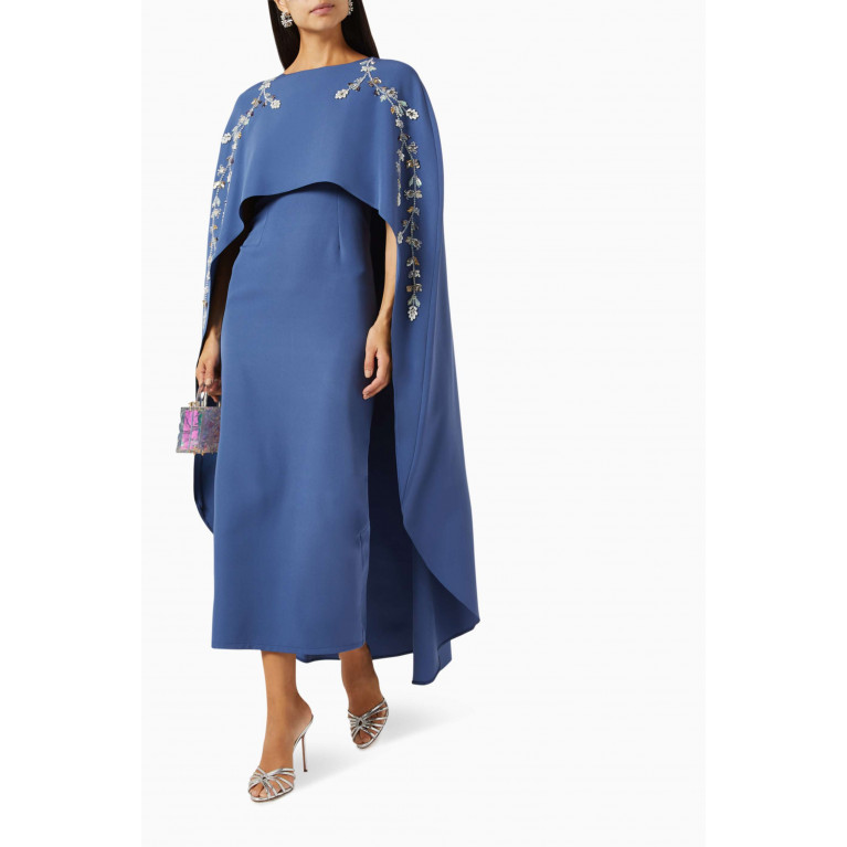 BYK by Beyanki - Embellished Cape Dress in Stretch-crepe Blue