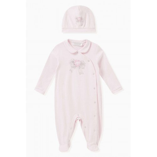 Monnalisa - Bow-print Sleepsuit and Hat Set in Cotton Pink