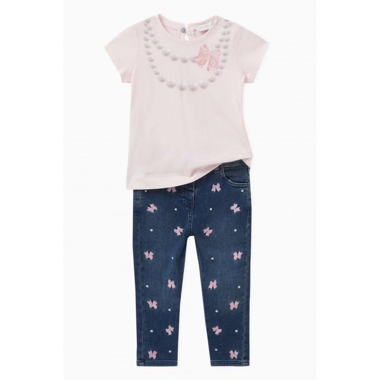 Monnalisa - Bows & Pearls Embellished Jeans in Denim