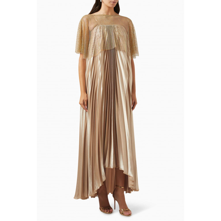 NASS - Crystal-mesh Pleated Maxi Dress Gold