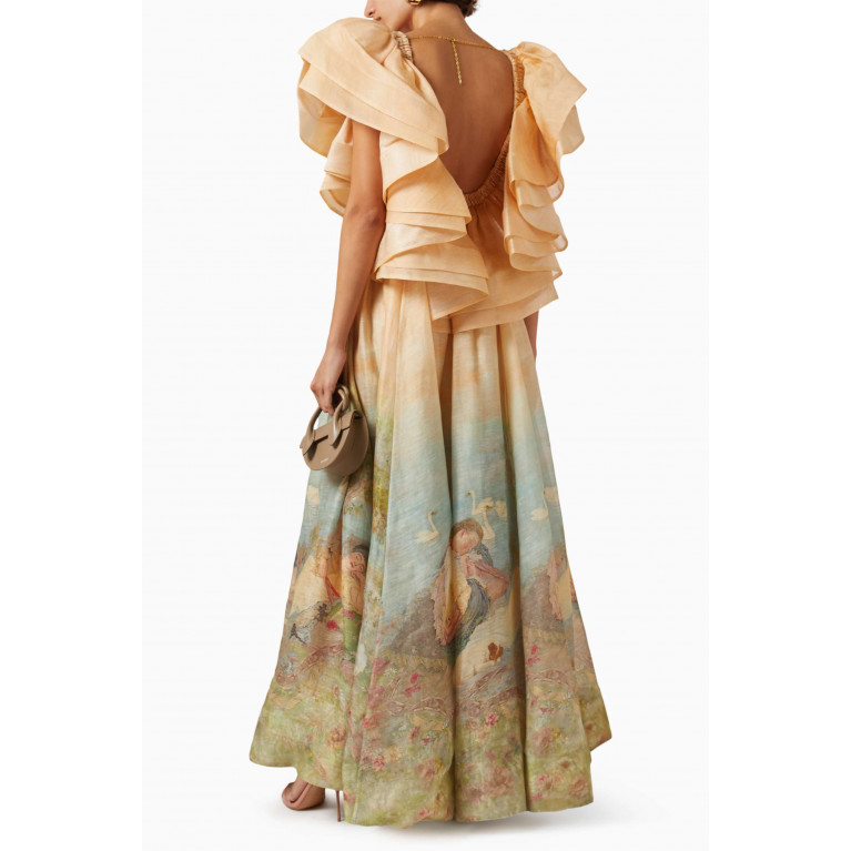 Zimmermann - Lyrical Frill Neck Maxi Dress in Linen & Silk-blend
