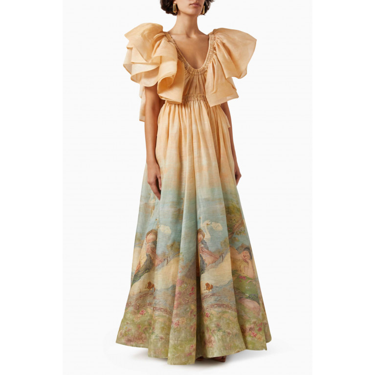 Zimmermann - Lyrical Frill Neck Maxi Dress in Linen & Silk-blend