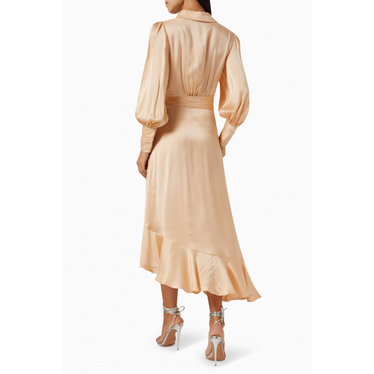 Zimmermann - Ruffled Midi Wrap Dress in Silk Neutral