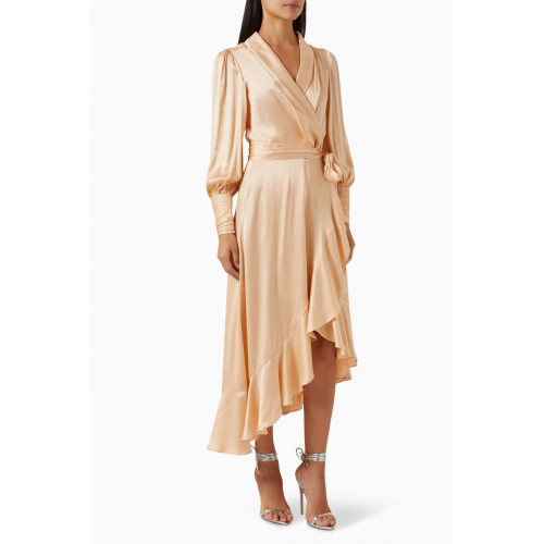 Zimmermann - Ruffled Midi Wrap Dress in Silk Neutral