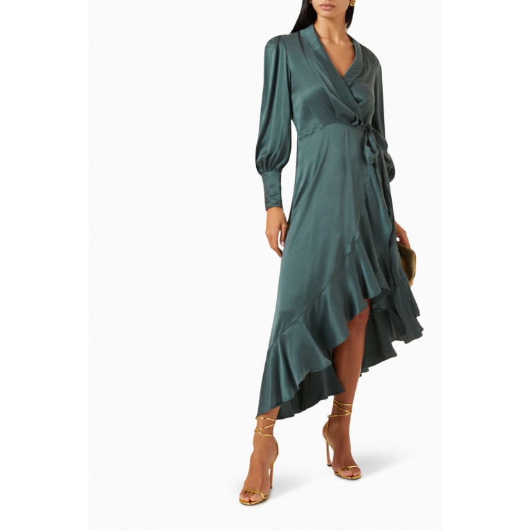 Zimmermann - Ruffled Midi Wrap Dress in Silk Green