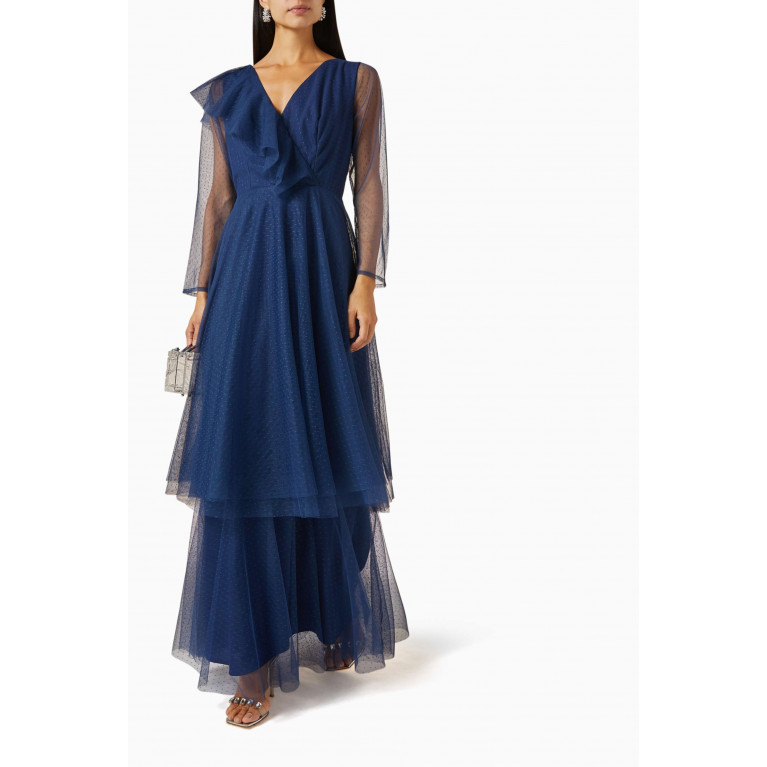 Amri - Ruffle Maxi Dress in Tulle Blue
