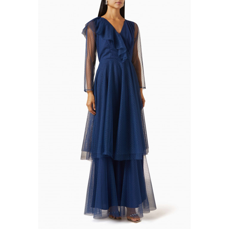 Amri - Ruffle Maxi Dress in Tulle Blue