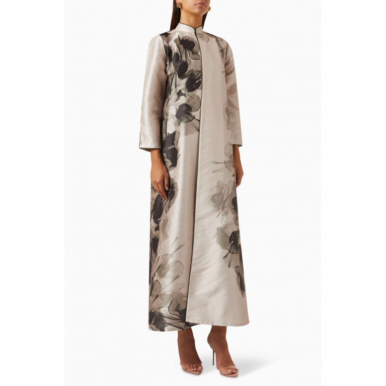 Tha Seen - Floral-print Abaya Set in Raw Silk & Chiffon