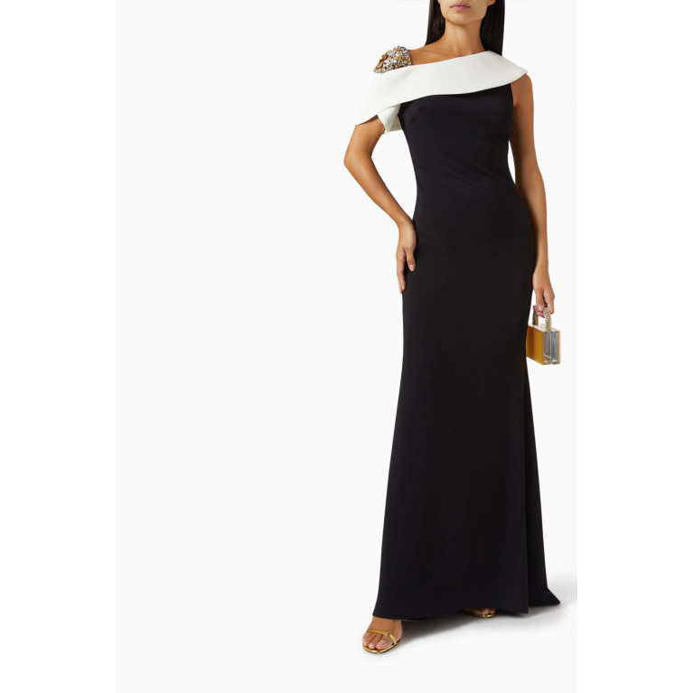 Badgley Mischka - Beaded Shoulder Two-tone Column Gown in Stretch-crepe