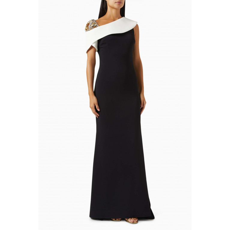 Badgley Mischka - Beaded Shoulder Two-tone Column Gown in Stretch-crepe