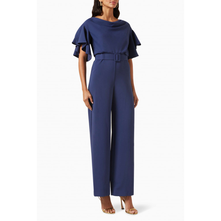 Badgley Mischka - Belted Blouson Jumpsuit in Stretch-crepe