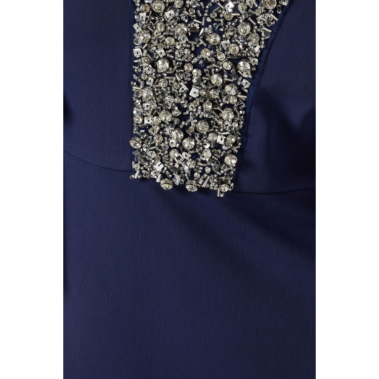 Badgley Mischka - Beaded Plunging V-neck Gown in Stretch-crepe