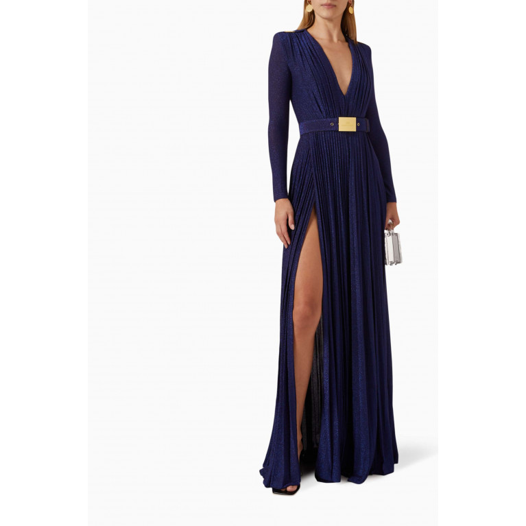 Elisabetta Franchi - Belted Maxi Dress in Lurex-jersey Blue
