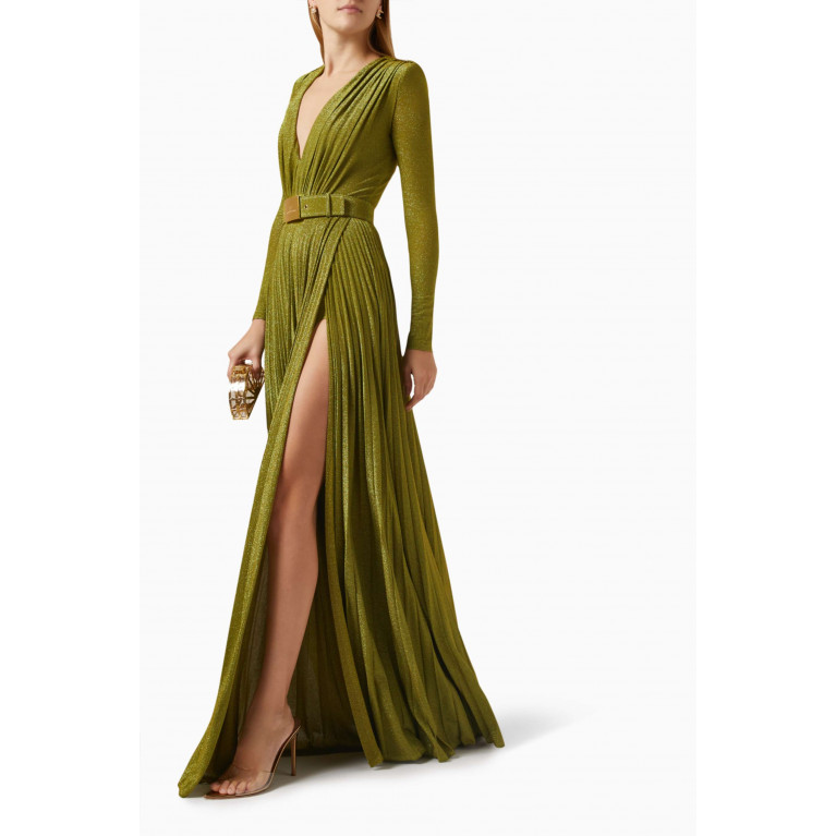 Elisabetta Franchi - Belted Maxi Dress in Lurex-jersey Green