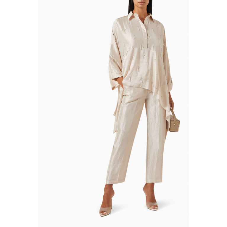 Twinkle Hanspal - Lilly Embroidered Top & Pants Set in Silk Neutral