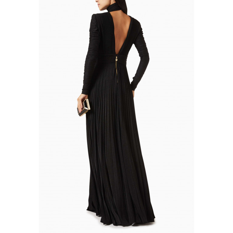 Elisabetta Franchi - Pleated High-neck Maxi Dress in Lurex Black