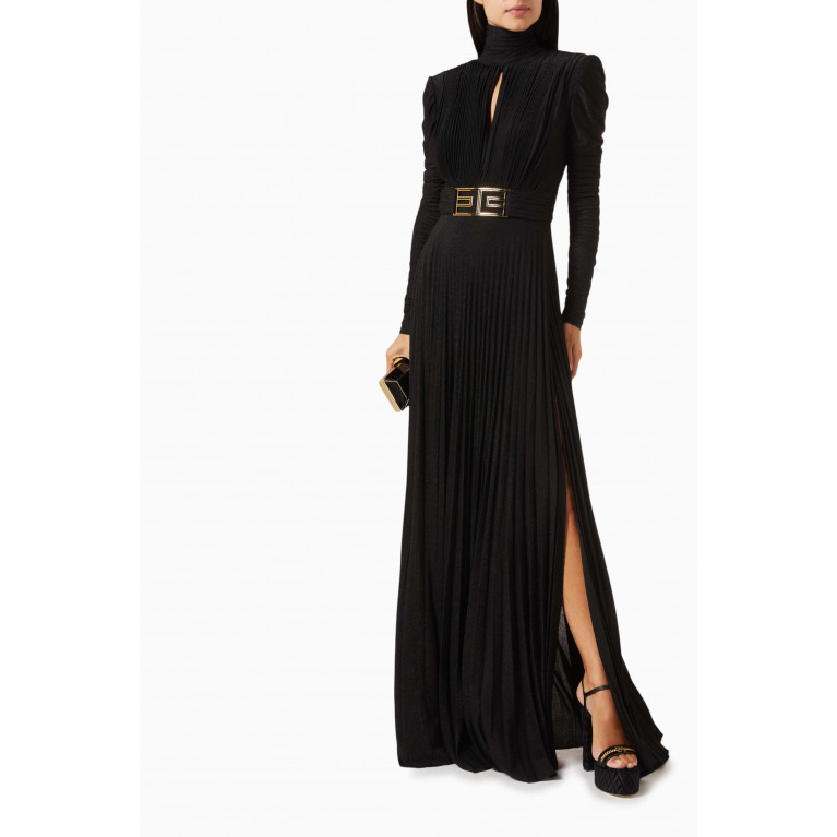 Elisabetta Franchi - Pleated High-neck Maxi Dress in Lurex Black